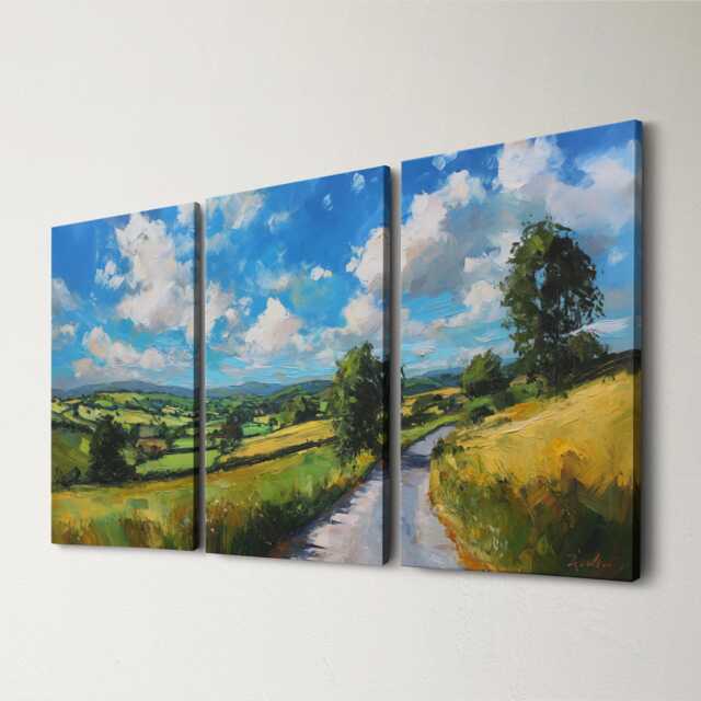 Countryside Landscape 3 Panel Split Canvas Wall Art Rolling Hills Road Abstract Oil Painting Framed Farmhouse Rustic Home Decor Gift - image 1