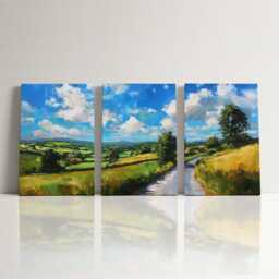 Countryside Landscape 3 Panel Split Canvas Wall Art Rolling Hills Road Abstract Oil Painting Framed Farmhouse Rustic Home Decor Gift - thumbnail 3