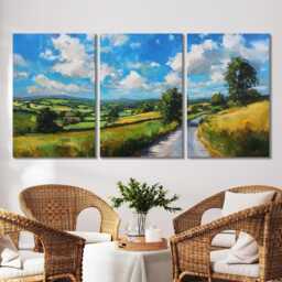 Countryside Landscape 3 Panel Split Canvas Wall Art Rolling Hills Road Abstract Oil Painting Framed Farmhouse Rustic Home Decor Gift - thumbnail 2