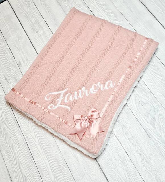 Personalized Knit Baby Blanket Embroidered Name, Satin Bow, Sherpa Back - image 1