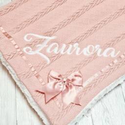 Personalized Knit Baby Blanket Embroidered Name, Satin Bow, Sherpa Back - thumbnail 2
