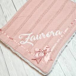 Personalized Knit Baby Blanket Embroidered Name, Satin Bow, Sherpa Back - thumbnail 3