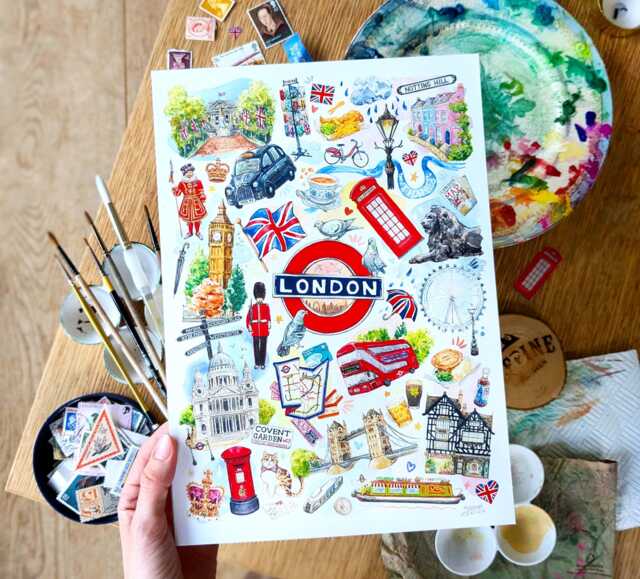 London Travel Art Print - A4 Size Icons Of London, British City Wall Art, Hand Painted Journal Design, Big Ben & Sights The - image 1