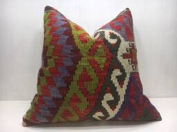 Vintage Kilim Pillow Cover, Turkish Sofa Cushion, Handwoven Linen Back - 20x20 - thumbnail 1