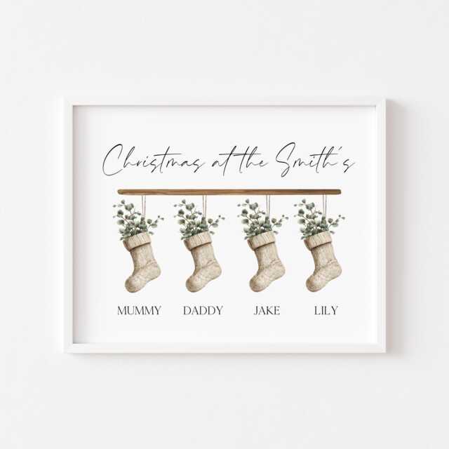 Personalised Christmas Stocking Family Print Green Eucalyptus Stockings Unframed Wall Art Poster - image 1