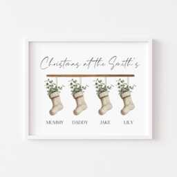 Personalised Christmas Stocking Family Print Green Eucalyptus Stockings Unframed Wall Art Poster - thumbnail 1