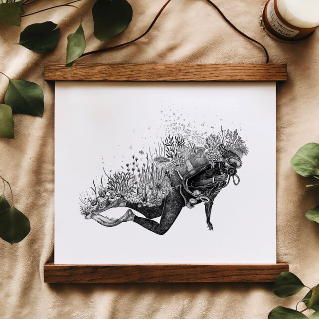 Coral Reef Scuba Diver Art Print Coastal Illustration - image 1