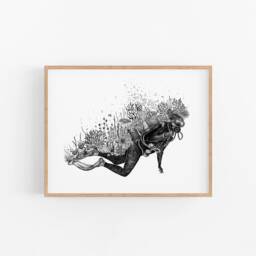Coral Reef Scuba Diver Art Print Coastal Illustration - thumbnail 2