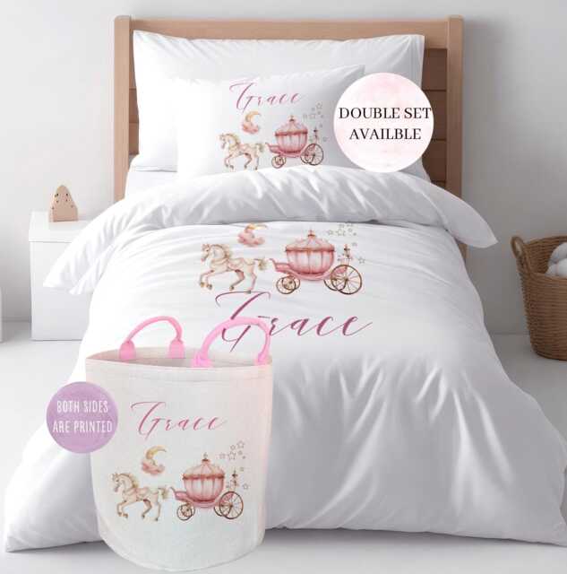 Pink Fairy Carriage Personalised Duvet Cover Pillow Set Princess Castle Bedding Item - image 1