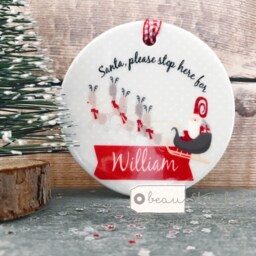 Personalised Christmas Santa Stop Here Sleigh Reindeer Boy Girl Gift Ceramic Or Acrylic Round Ornament Keepsake - thumbnail 2