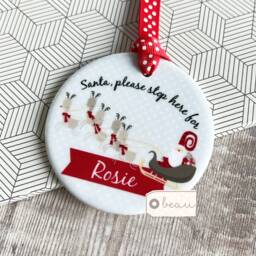 Personalised Christmas Santa Stop Here Sleigh Reindeer Boy Girl Gift Ceramic Or Acrylic Round Ornament Keepsake - thumbnail 3