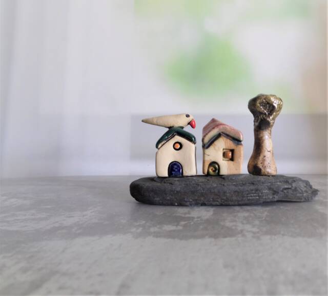 Ready To Ship, Unique Home Decor Of Miniature Ceramic Houses With A Bird & Tree On Stone, Farmhouse Kitchen - image 1