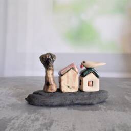 Ready To Ship, Unique Home Decor Of Miniature Ceramic Houses With A Bird & Tree On Stone, Farmhouse Kitchen - thumbnail 4