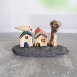 Ready To Ship, Unique Home Decor Of Miniature Ceramic Houses With A Bird & Tree On Stone, Farmhouse Kitchen - thumbnail 2