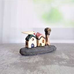 Ready To Ship, Unique Home Decor Of Miniature Ceramic Houses With A Bird & Tree On Stone, Farmhouse Kitchen - thumbnail 3