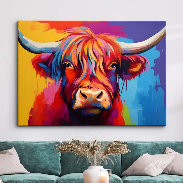 Highland Cow Animal Abstract Oil Painting Colourful Paint Splatter Style Wall Art Framed Canvas Poster Print Home Office Room Decor Gifts - image 1