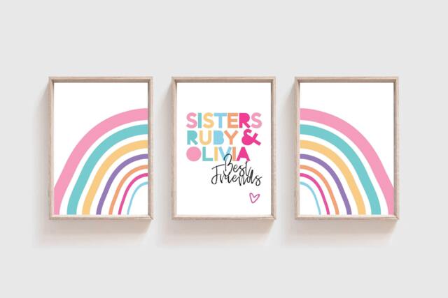 Set Of 3 Sister Prints, Girls Bedroom Decor, Rainbow Wall Art, Playroom Prints Personal - image 1