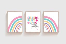Set Of 3 Sister Prints, Girls Bedroom Decor, Rainbow Wall Art, Playroom Prints Personal - thumbnail 1