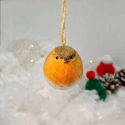 European Robin Bird Hanging Christmas Ornaments Wooden Hand Carved Painted - thumbnail 2