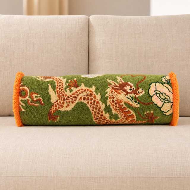 Embroidered Dragon Bolster Pillow Cover, Green Chinoiserie 6x22 Lumbar Cushion, Oriental Sofa Decor - image 1