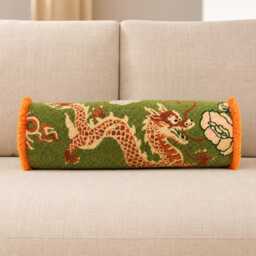 Embroidered Dragon Bolster Pillow Cover, Green Chinoiserie 6x22 Lumbar Cushion, Oriental Sofa Decor