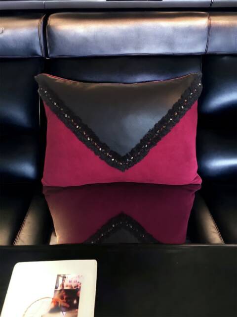 Black Leather & Red Claret Suede Fabric Clutch Design Decorative Pillow Cover, Cushion, Throw Pillow, Home Decor, Gifts For Her, Living Room - image 1