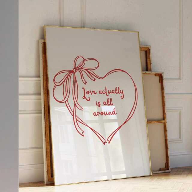 Love Actually Is All Around Print , Red Heart Retro Trendy Wall Art, Bedroom Art Quote, Cute Poster - image 1
