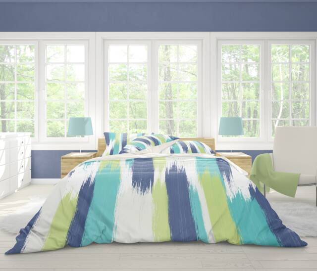 Striped Duvet Cover, Bedding, Brush Strokes, Boho Duvet, Beach House Bedding, Blue Cover, Lime Duvet, White - image 1