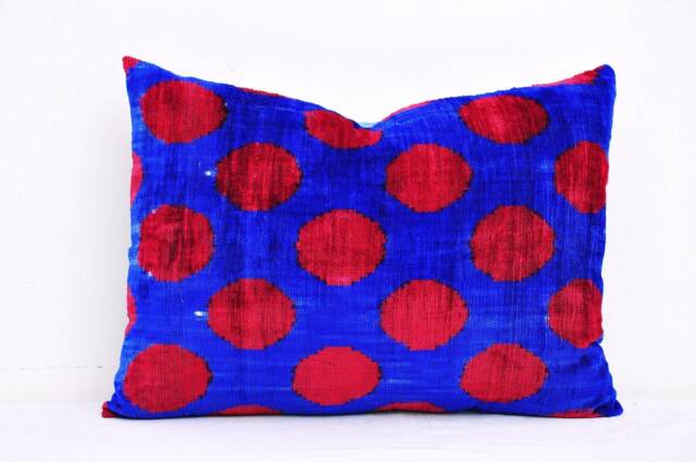 Red & Blue Silk Velvet Ikat Pillow Cover, Handmade Cushion - image 1