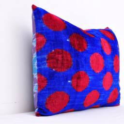Red & Blue Silk Velvet Ikat Pillow Cover, Handmade Cushion - thumbnail 2