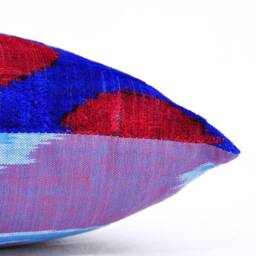 Red & Blue Silk Velvet Ikat Pillow Cover, Handmade Cushion - thumbnail 4