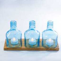 Bombay Sapphire Bottle Led Candle Stand Cover Holder Set - With A Wooden Base For Table Decoration