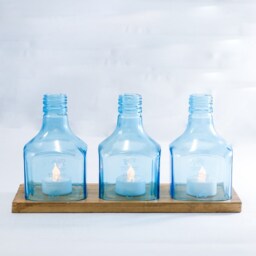 Bombay Sapphire Bottle Led Candle Stand Cover Holder Set - With A Wooden Base For Table Decoration - thumbnail 2