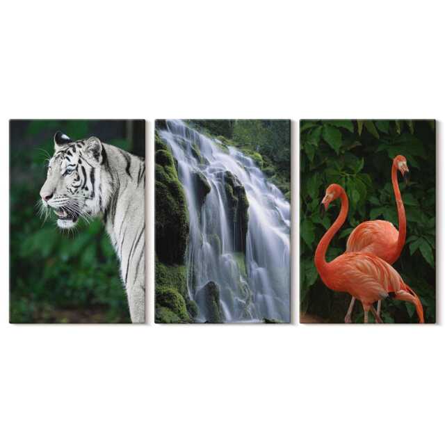 Set Of 3 Canvas Prints - Tiger Waterfall & Pink Flamingos in Nature, Green Print, Animals Wall Decor - image 1
