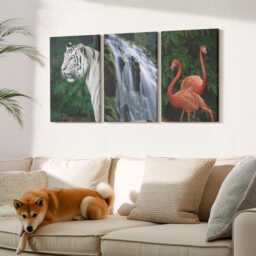 Set Of 3 Canvas Prints - Tiger Waterfall & Pink Flamingos in Nature, Green Print, Animals Wall Decor - thumbnail 3