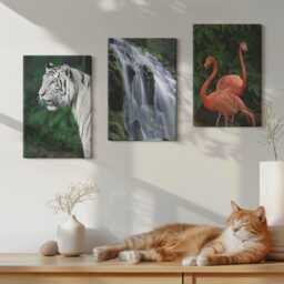 Set Of 3 Canvas Prints - Tiger Waterfall & Pink Flamingos in Nature, Green Print, Animals Wall Decor - thumbnail 2
