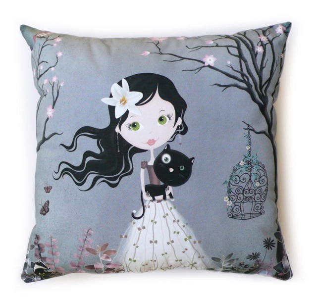 Decorative Cushion For Girl With Black, Gray Or Pink Cat, Girl's Bedroom Gift - image 1