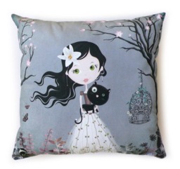 Decorative Cushion For Girl With Black, Gray Or Pink Cat, Girl's Bedroom Gift - thumbnail 1