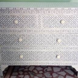 Designer Bone Inlay Grey Geometric Pattern Chest Of 4 Drawers Dresser - thumbnail 3