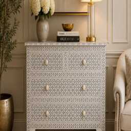 Designer Bone Inlay Grey Geometric Pattern Chest Of 4 Drawers Dresser - thumbnail 4