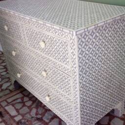 Designer Bone Inlay Grey Geometric Pattern Chest Of 4 Drawers Dresser - thumbnail 2