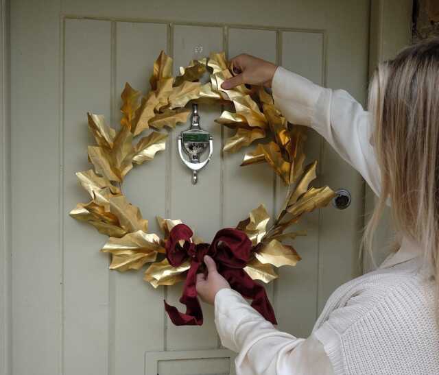 Brass Christmas Holly Wreath Handcrafted Metal Holiday Decor - image 1