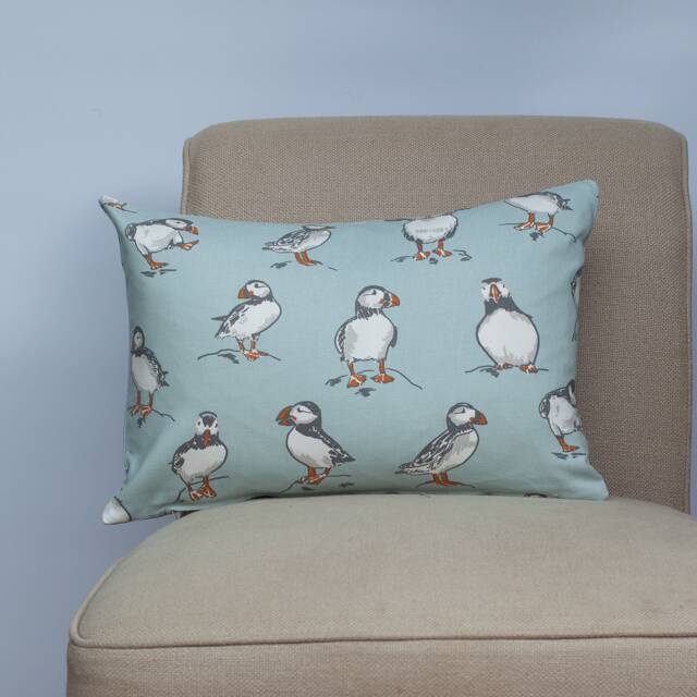 Puffins Boudoir Cushion in Mineral Blue. Nautical Inspired Marine Seabird Motif Design. 100% Cotton, 17x12 - image 1