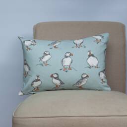 Puffins Boudoir Cushion in Mineral Blue. Nautical Inspired Marine Seabird Motif Design. 100% Cotton, 17x12