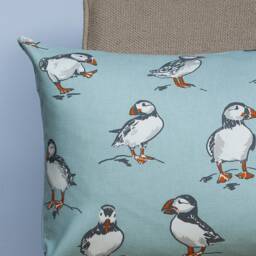Puffins Boudoir Cushion in Mineral Blue. Nautical Inspired Marine Seabird Motif Design. 100% Cotton, 17x12 - thumbnail 2