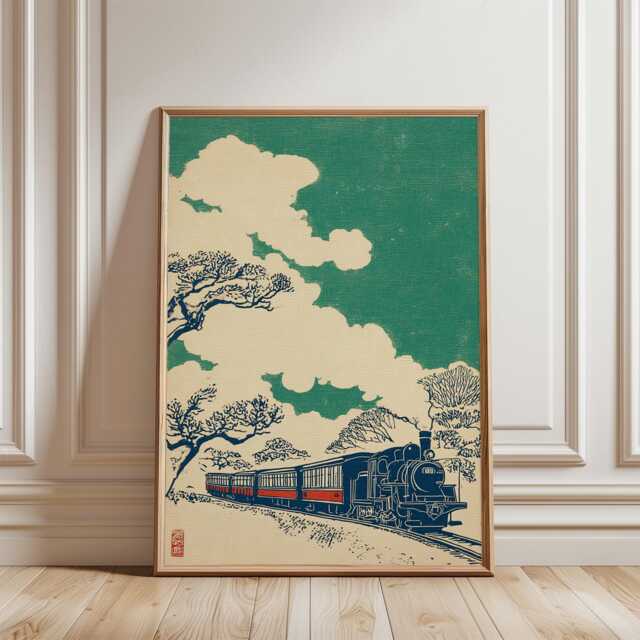 Green Japanese Train Poster - Vintage Steam Railway Landscape Woodblock Style Print - image 1