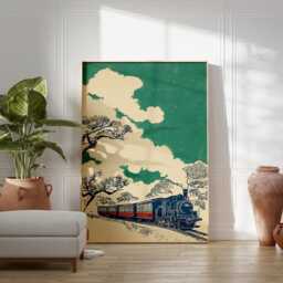 Green Japanese Train Poster - Vintage Steam Railway Landscape Woodblock Style Print - thumbnail 3