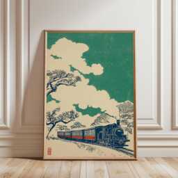 Green Japanese Train Poster - Vintage Steam Railway Landscape Woodblock Style Print - thumbnail 1