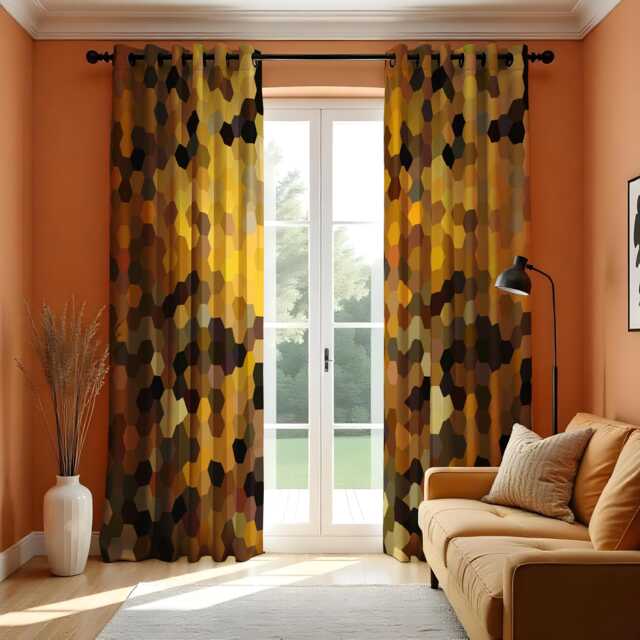 Brown Yellow Geometric Curtains, Modern Hexagon Drapes, Abstract Custom Heading Curtain Panel, Bold Fall Window Treatment, Living Room Decor - image 1