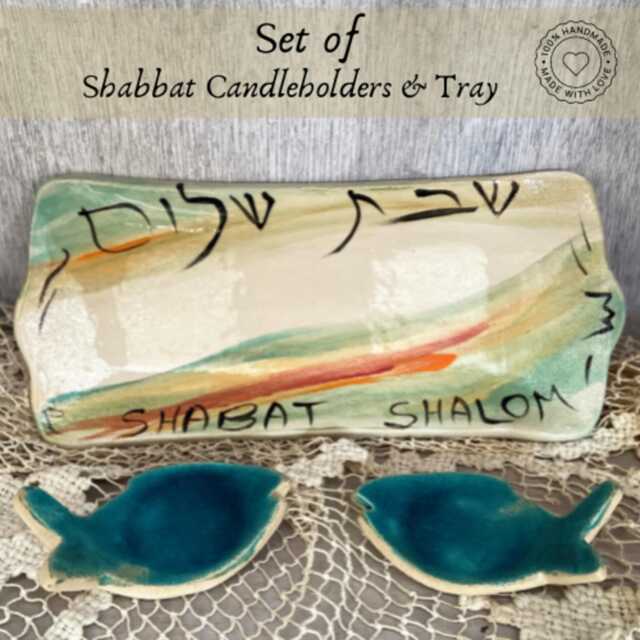 Handmade Ceramic Shabbat Candlestick Set, Turquoise Fish Design, Jewish Wedding Israeli Art Gift - image 1